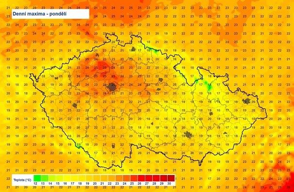 Dnešek začínáme zataženou oblohou a na spoustě míst i se slabým deštěm. Odpolední maxima dosáhnou 20 až 24 °C