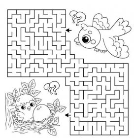 Labyrint nebo Labyrint. Puzzle. Zbarvení stránky obrys kresleného ptáčka s malým kuřátkem a vejcem v hnízdě. Omalovánky pro děti. — Ilustrace
