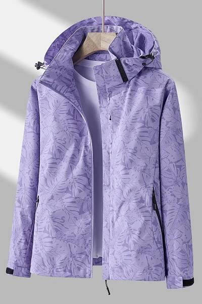 leichte, winddichte damenjacke mit kapuze - lässiger, reißbarer regenmantel für den außenbereich mit tropischem blattmuster, abnehmbarer kapuze und verstellbaren manschetten für frühling, sommer, herbst, wandern, reisen, camping, campingausrüstung, wanderausrüstung, langlebiger reißverschluss Produktdetails 4