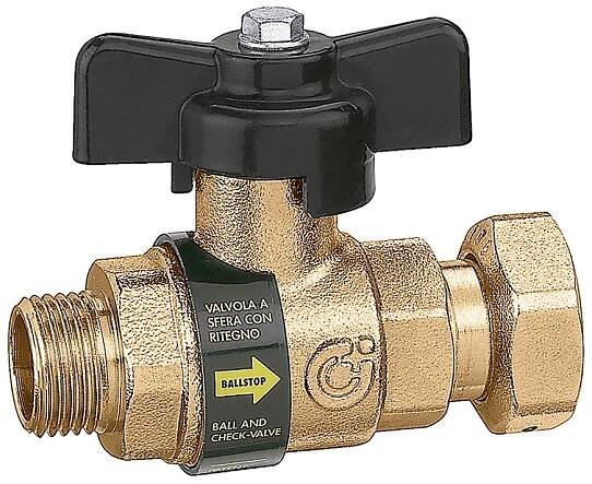 334400BALLSTOP, Kulový ventil se zabudovanou zpětnou klapkou, napojení s vnějším závitem a maticí.