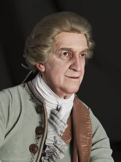 3d artwork of Andor Kollar in Maya with Arnold renderer, head, XGen hair, Jonathan Pryce as aristocrat with 18th costume, laces, scarf, wig and bow