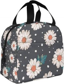 Floral Daisy Flower Insulated Lunch Bag Retro Style White Black Orange Color Art Blossom Wildfloral Leaf Insulated Lunch Box