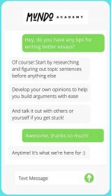 Graphic of a text thread about how to write better essays for high school.