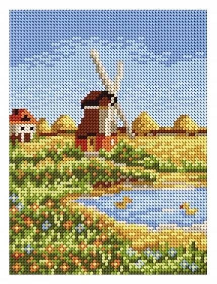 Kanva s potiskem pro křížkové, gobelínové vyšívání, mlýn (2009) 15x20 cm