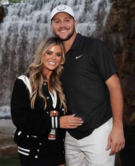Josh Allen and Brittany Williams pose during Capital One's The Match VI - Brady & Rodgers v Allen & Mahomes at Wynn Golf Club on June 01, 2022 in Las Vegas, Nevada