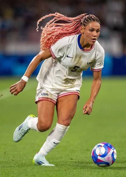 Trinity Rodman #5 of the United States dribbles during the Women's Group B match between Germany and USWNT during the Olympic Game Paris 2024 at Stade de Marseille on July 28, 2024