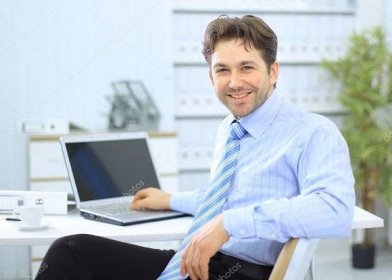 Stáhnout - Podnikatel sedící za kancelářským stolem a pracující na notebooku — Stock obrázek