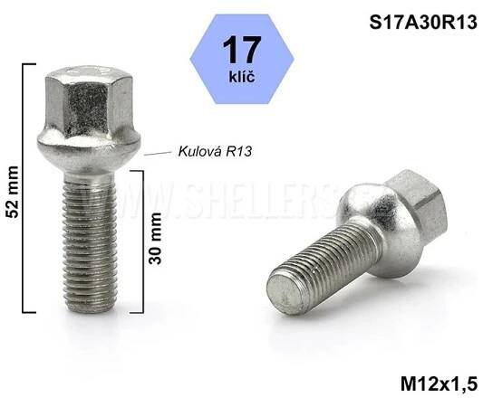 Kolový šroub M12x1,5x30 kulový R13, Audi, Seat, Škoda, VW, klíč 17, S17A30R13, výška 52 mm