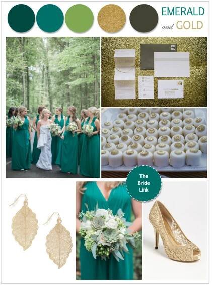 emerald green and gold wedding color scheme with white flowers, bridesmaid gowns and accessories