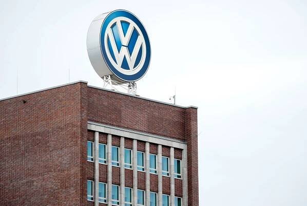 The Volkswagen logo on the company's headquarters