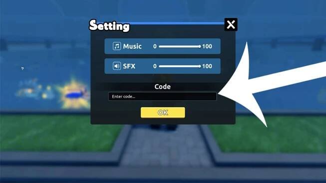 An arrow pointing at the codes menu in the Roblox game Loot Fish.