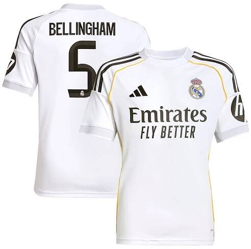 Real Madrid adidas Home Shirt 2025-26 - Kids with Bellingham 5 printing
