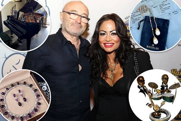 Orianne Cevey and Phil Collins with insets of items being auctioned.