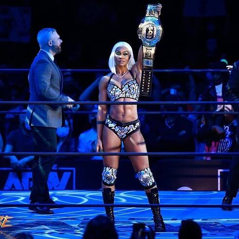 Jade Cargill showing off her Belt after the victory