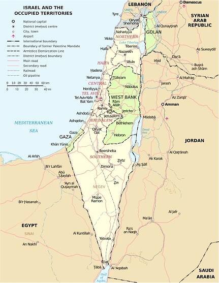 Mapa Izraela obsahujúca vyznačené Golanské výšiny, okupovaný Západný breh Jordánu aj Pásmo Gazy (zdroj: Wikipedia)