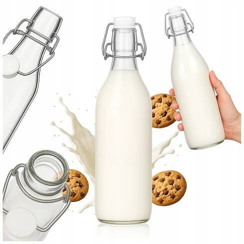 Láhev 1000 ml 1 L KULATÁ skleněná se zátkou na mléko a vodu, nápoje, džus, víno