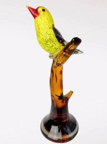 Žlutý malý ptáček na větvi soška - Žluva hajní, skleněná figurka ptáka - Zařízení pro dům a zahradu