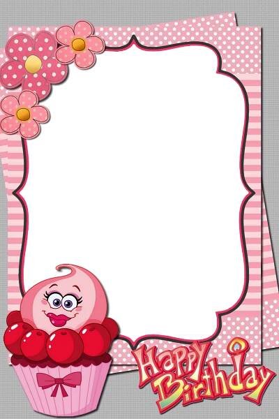 a happy birthday card with a cupcake and flowers on the bottom, in pink