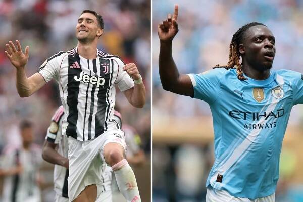 An image collage containing 2 images, Image 1 shows Dusan Vlahovic of Juventus FC celebrating a goal, Image 2 shows Manchester City's Jeremy Doku celebrates scoring a goal