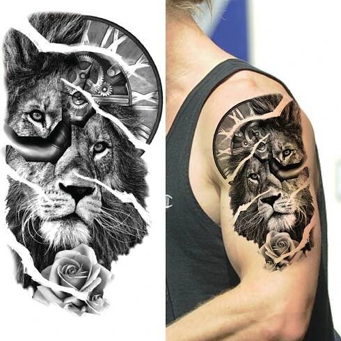 Vodotěsné dočasné tetování 21 x 11,4 cm Lev s lvicí, růže a římské hodiny Zvířecí motiv Snadná aplikace Odolné tetování Symbol síly a času