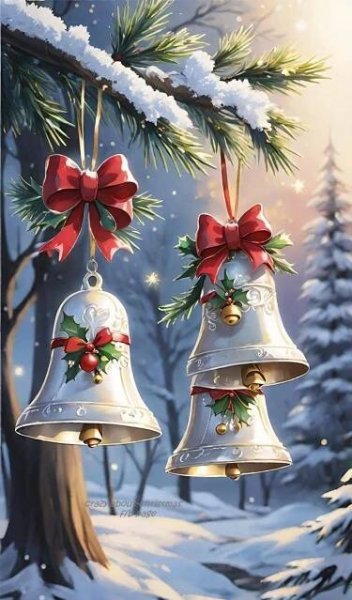 two bells with bows hanging from them in the snow