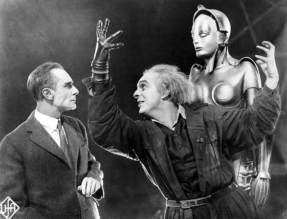 Metropolis (1927), Alfred Abel, Rudolf Klein-Rogge, production still. 