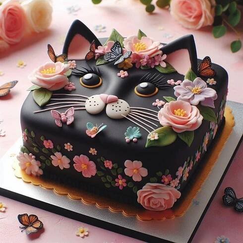 a cake decorated with flowers, butterflies and a cat's face