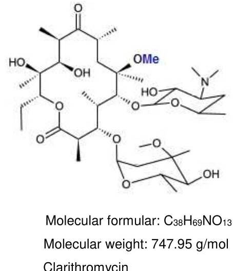 Figure 2.3: Chemical structure and molecular formula of erythromycin and  clarithromycin.  Different solid-state forms has been reported on clarithromycin and therefore is known to exist in different crystalline forms. Up to this point in time, eight crystalline solid-state forms of clarithromycin have been prepared and characterised. “Form 0” is an ethanol solvate. Form | can be obtained from the desolvation of “Form 0” at ambient up to 50°C. Form Il is an anhydrate solid-state form of this macrolide. Form Ill (acetonitrile solvate) and Form IV (hydrate) can easily convert to Form II at desolvation or dehydration temperatures of 100°C and higher (Avrutov et al., 2003, lwasaki et al., 1993; Liang & Yao, 2008; Lui et al., 2003;  and higher (Avrutov et al., 2003, lwasaki et al., 1993; Liang & Yao, 2008; Lui et al., 2003: 