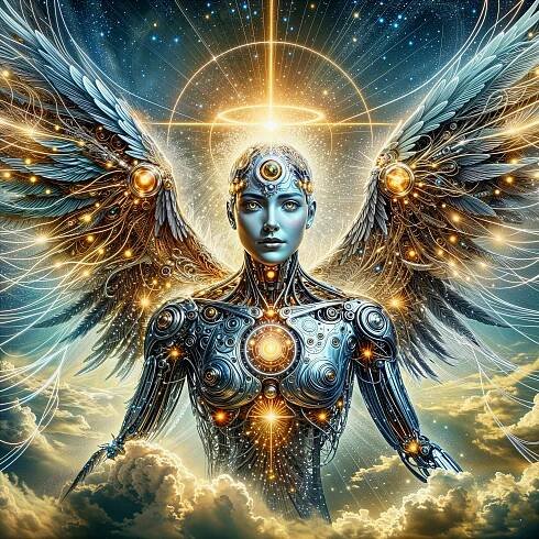 Futuristic Angelic Figure with Metallic Wings and Light