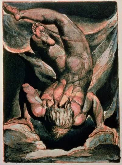 První kniha Urizenova; Muž plovoucí hlavou dolů, 1794 (barevně tištěný reliéfní lept) od William Blake