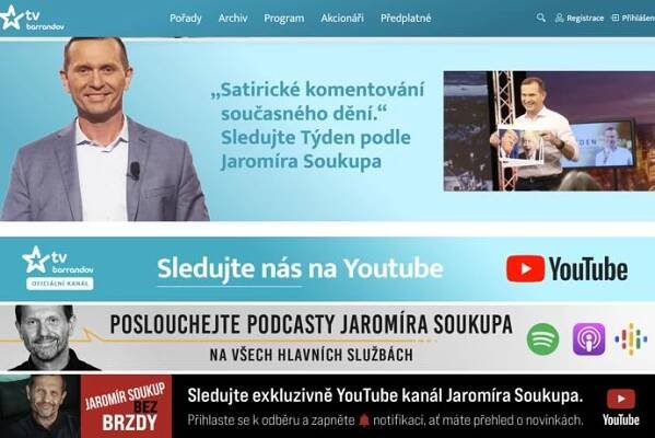 FOTO: Stránky TV Barrandov stále mohutně propagují Jaromíra Soukupa i jeho zastaralý YouTube. To se ale brzy změní. – stránka 1