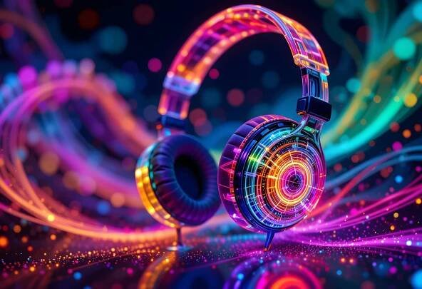 Bezplatný obrázek: Cyberpunkový design inspirovaný elektronickou hudbou, hudební motiv znázorňující hudební sluchátka s neonovými světly