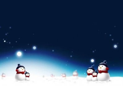 Kreslené obrázkové vánoční přání s noční oblohou a malými sněhuláčky po stranách.