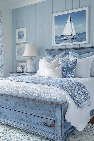 29 Coastal Preppy Interior Ideas to Add Classic Coastal Style - My Elegant Home in 2025 | Blue bedroom decor, Blue bedroom, Beach house interior