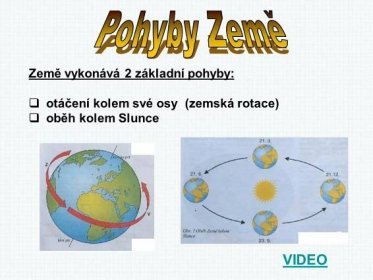 Země vykonává 2 základní pohyby:  otáčení kolem své osy (zemská rotace)  oběh kolem Slunce VIDEO • Země se otočí kolem své osy.