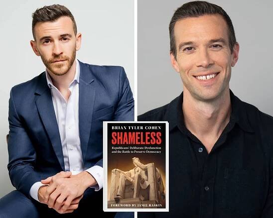 A photo collage with a portrait of Brian Tyler Cohen on the left and a portrait of Jon Favreau on the right. The book cover of Shameless is in the middle.