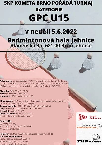 Propozice na GPC U15 Brno Kometa – Jihomoravský badmintonový svaz