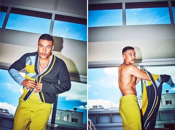 Ismael wears cardigan by HERMES; pants by TOKYO JAMES; necklace and ring by M JEWELERS; gold earring by JENNIFER FISHER; ring by KLOTO.