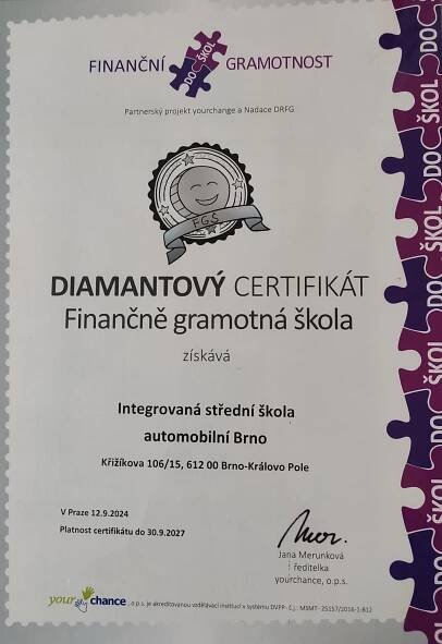 ISŠA získala Diamantový certifikát ve finanční gramotnosti | školský portál jihomoravského kraje