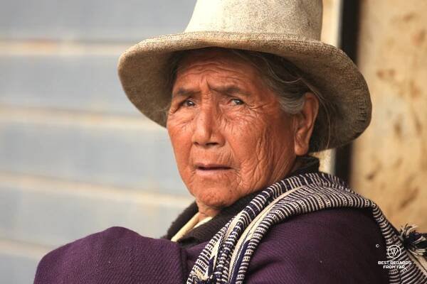 A portrait of a local elderly woman on the market of Chachapoyas in Peru.