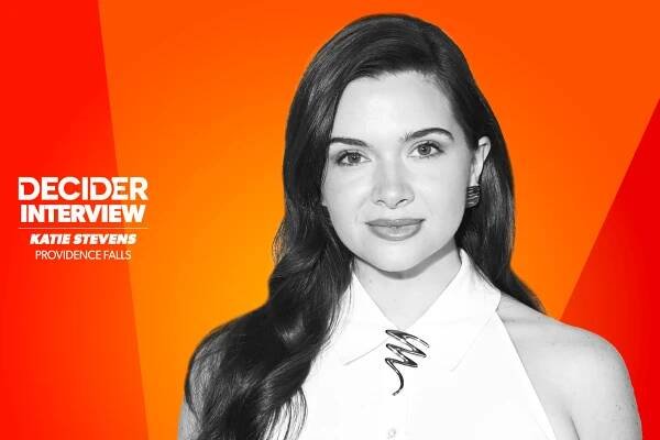Katie Stevens in black and white on an orange background