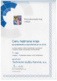 Certifikát - Cena hejtmana kraje za společenskou odpovědnost