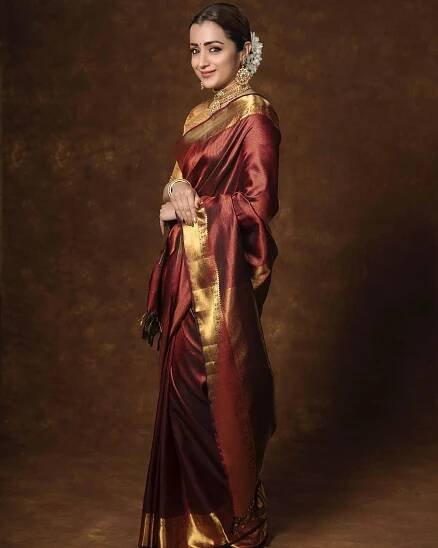 Trisha Krishnan Look Stunningly Beautiful In Maroon & Gold Ethnic Zari Silk Blend Banarasi Saree