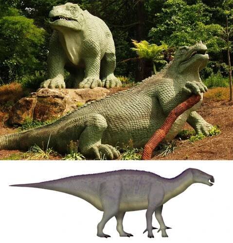 The 1853 Iguanodon  models at London's Crystal Palace (top) look very different from a 2023 reconstruction of the same animal (bottom).