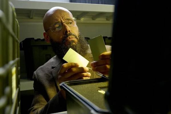 August Ripley (Maurice Dean Wint) holds two card in front of a padded case on SurrealEstate Episode 302.