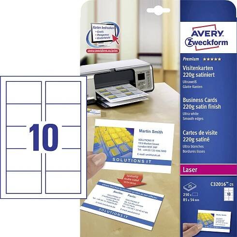 Avery-Zweckform C32016-25 potisknutelné vizitky, hladké hrany 85 x 54 mm bílá 250 ks Formát papíru: A4