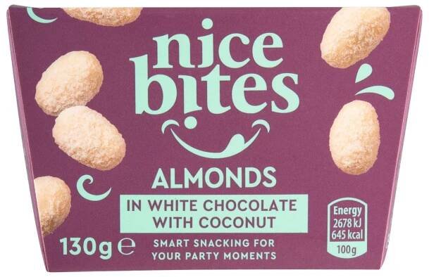 Nice Bites Pražená jádra mandlí v bílé čokoládě s kokosem 130g