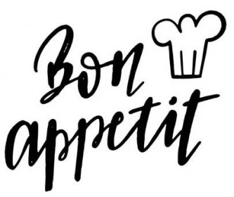 Bon appetit kaligrafie písma fráze. Dobrou chuť na francouzské. Černý štětec text a kuchař klobouk izolovaných na bílém pozadí — Ilustrace