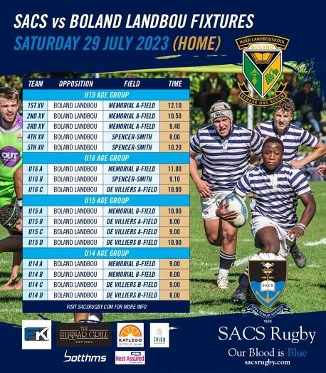 SACS vs BOLAND LANDBOU (HOME) FIXTURES, 1STXV TEAM SHEET, LIVE STREAM LINKS & CAMPUS MAP – SATURDAY 29 JULY 2023 – SACS