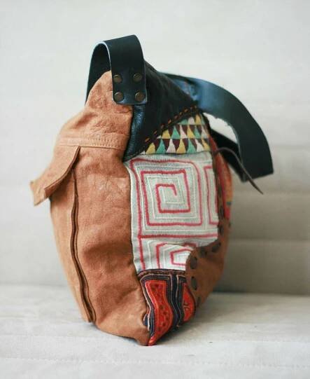 Hmong Tribal Sustainable Chic Leather Vintage Shoulder Bag, One of a Kind Boho bag, Extra Capacity Unique Bohemian CrossBody, Fair trade